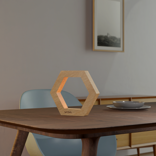 Handcrafted Oak Rotatable Hexagon LED Lamp – Geometric Wooden Light