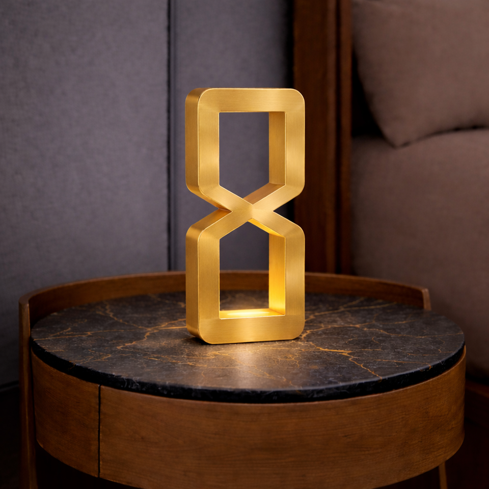 Gold Finish Oak Wooden Rotatable Hourglass Shaped Lamp