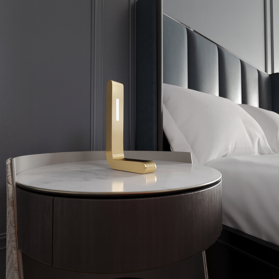 Handcrafted Gold Finish Oak L-Shaped Wooden LED Lamp