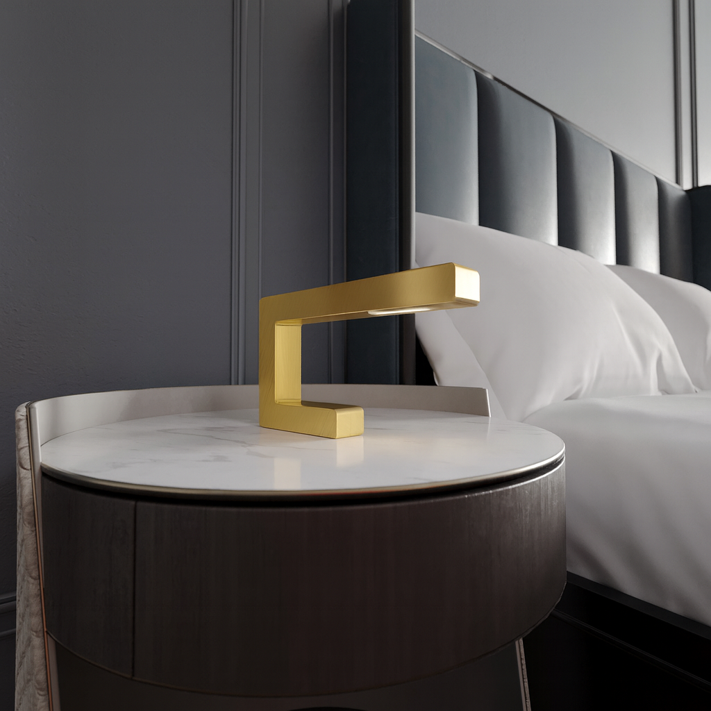 Handcrafted Gold Finish Oak C-Shaped Wooden Lamp