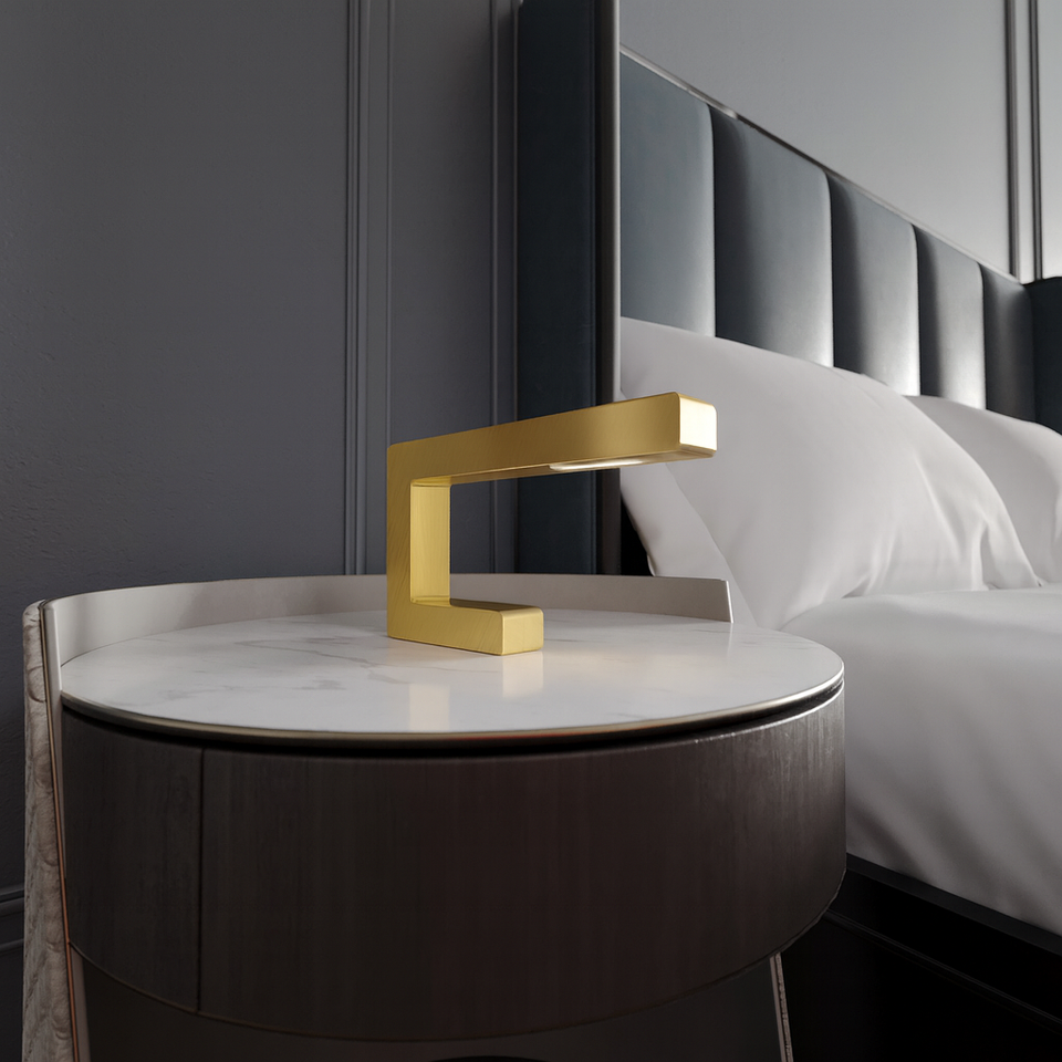 Handcrafted Gold Finish Oak C-Shaped Wooden Lamp