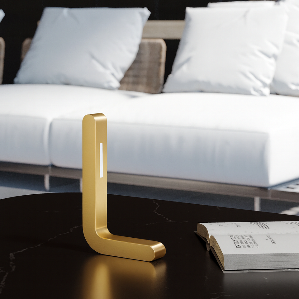 Handcrafted Gold Finish Oak L-Shaped Wooden LED Lamp