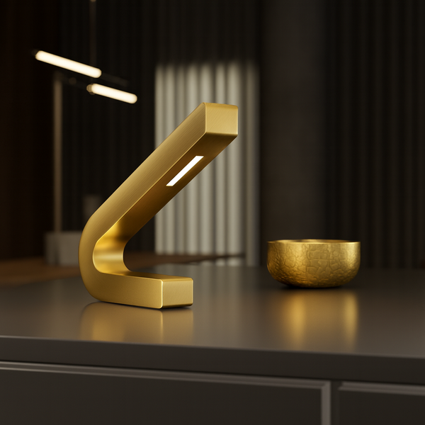 Handcrafted Gold Finish Oak Curved LED Lamp
