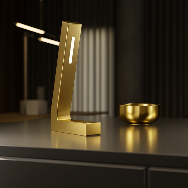 Handcrafted Gold Finish Oak L-Shaped LED Lamp