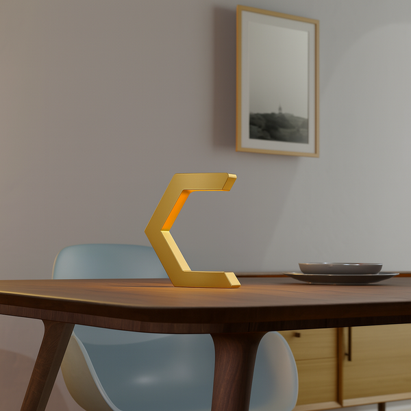 Gold Finish Handcrafted Oak Rotatable C-Shaped Design Lamp