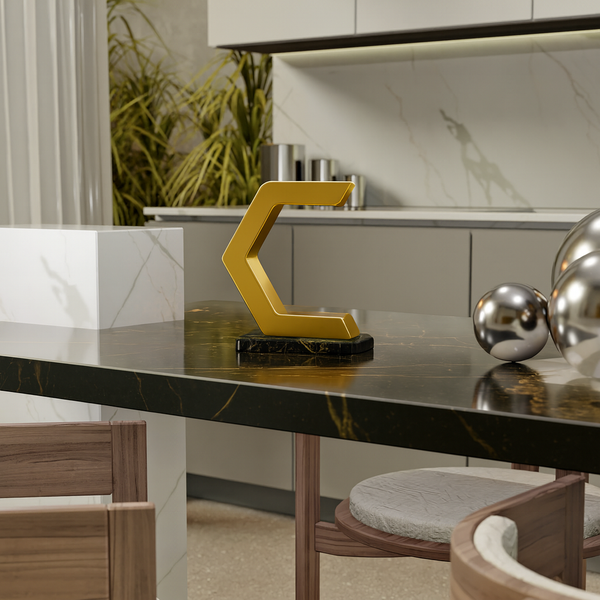 Gold Finish Handcrafted Oak Rotatable C-Shaped Design Lamp