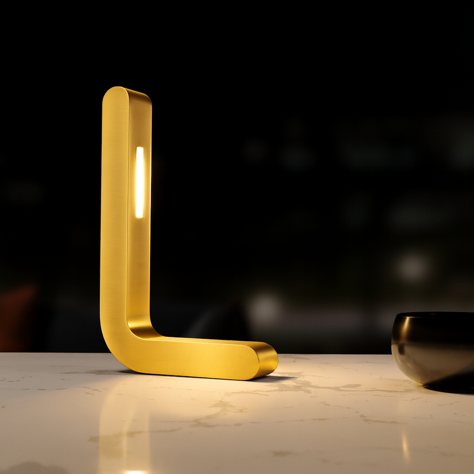 Handcrafted Gold Finish Oak L-Shaped Wooden LED Lamp