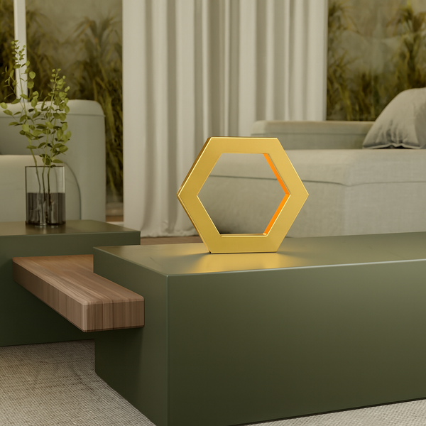 Handcrafted Gold Finish Oak Rotatable Hexagon Lamp