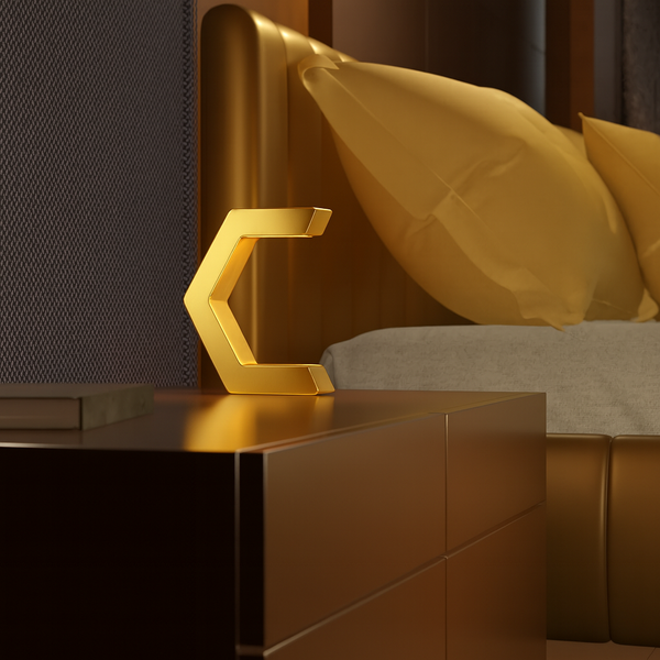 Gold Finish Handcrafted Oak Rotatable C-Shaped Design Lamp