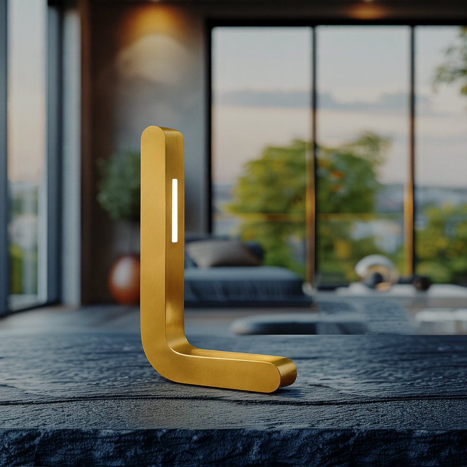 Handcrafted Gold Finish Oak L-Shaped Wooden LED Lamp