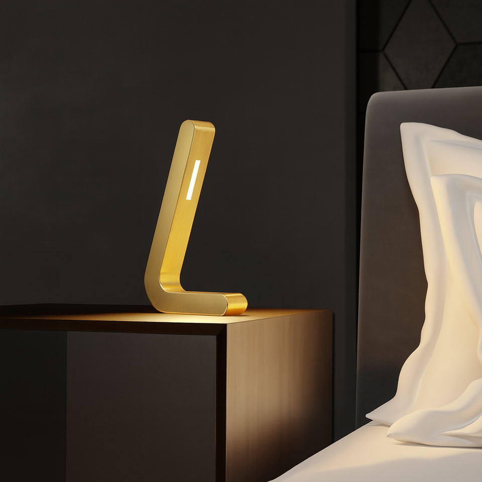 Gold Finish Oak Handcrafted L-Shaped Wooden Lamp