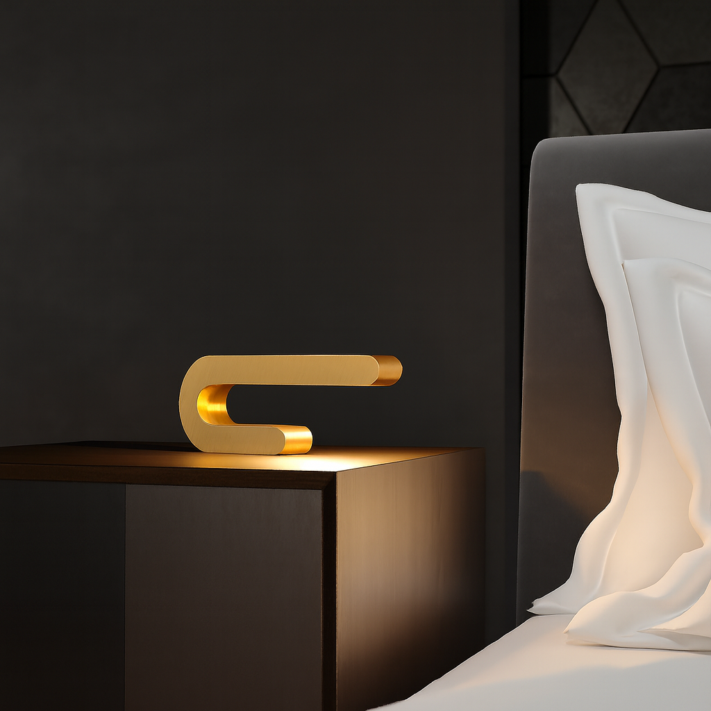 Gold Finish Handcrafted Oak U-Shape Curved Lamp