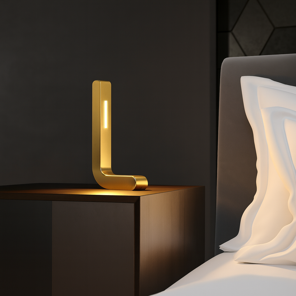 Handcrafted Gold Finish Oak L-Shaped Wooden LED Lamp