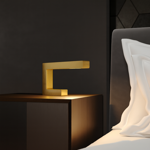 Handcrafted Gold Finish Oak C-Shaped Wooden Lamp