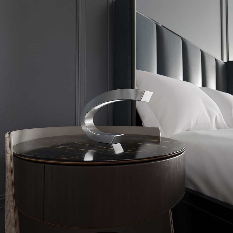 Silver Finish Oak C-shaped Curved Wood Lamp