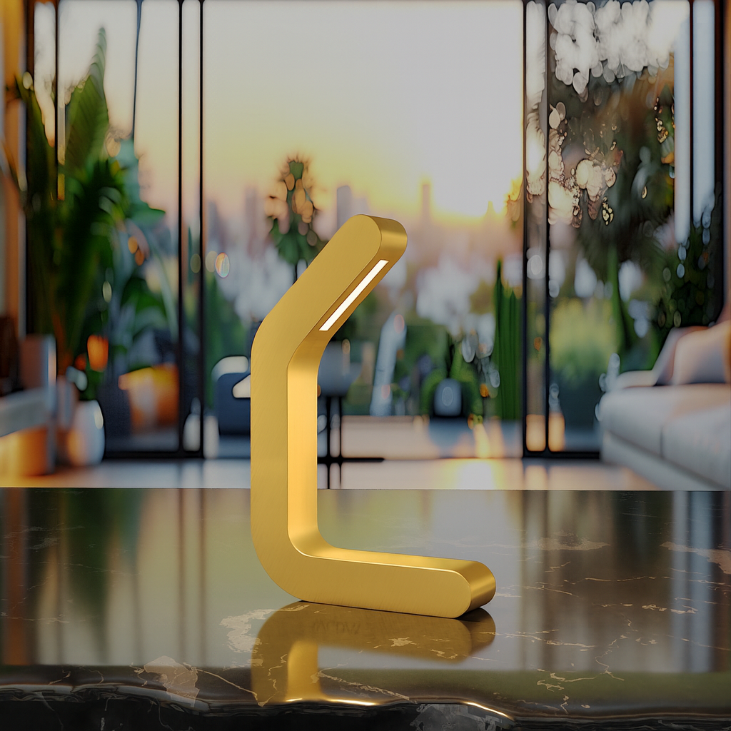 Handcrafted Gold Finish Oak Curved Wooden LED Lamp