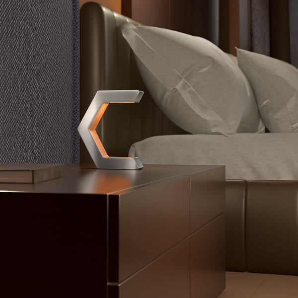 Silver Finish Handcrafted Oak Rotatable C-Shaped Design Lamp