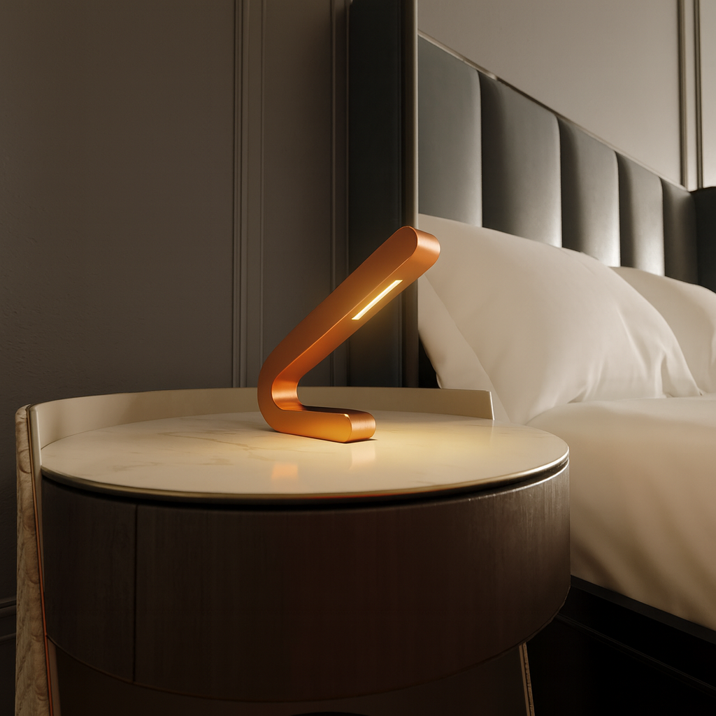 Angled copper finish table lamp by WOOM with a sleek bent design and illuminated LED strip, on a marble nightstand.