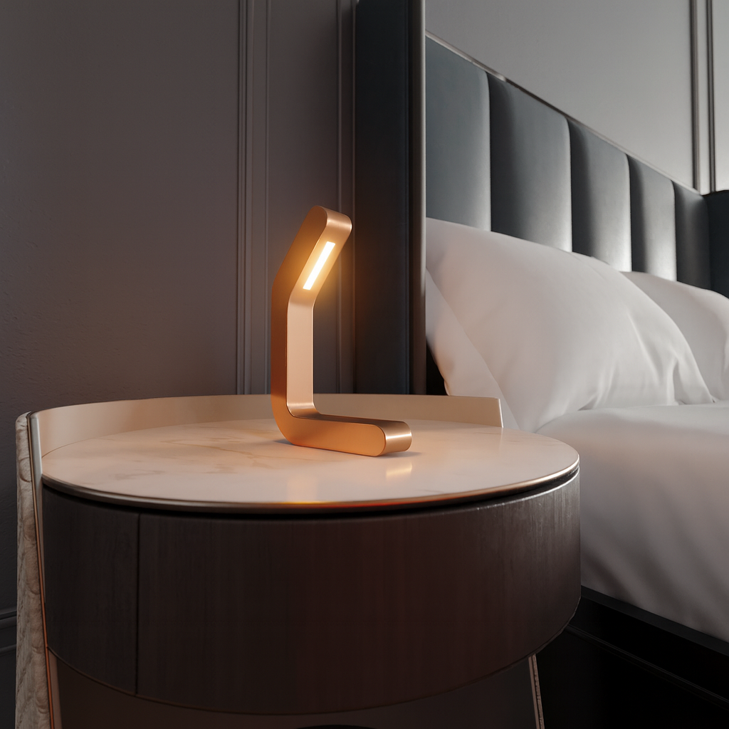 Curved copper-finish LED lamp by WOOM, resting on a white marble nightstand next to a bed.
