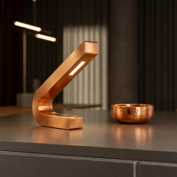 Handcrafted copper finish oak curved LED lamp by WOOM, with an illuminated light strip, displayed on a dark gray counter next to a hammered copper bowl.