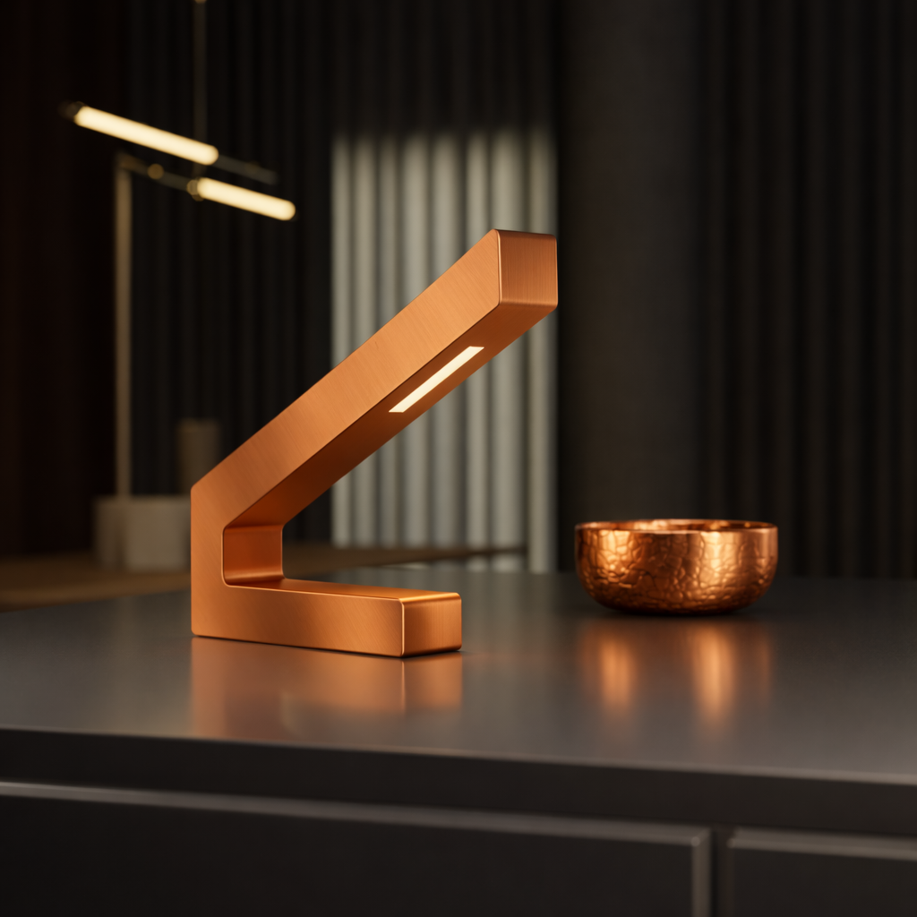Modern L-shaped copper finish LED lamp by WOOM with an illuminated strip, on a dark counter near a hammered copper bowl.