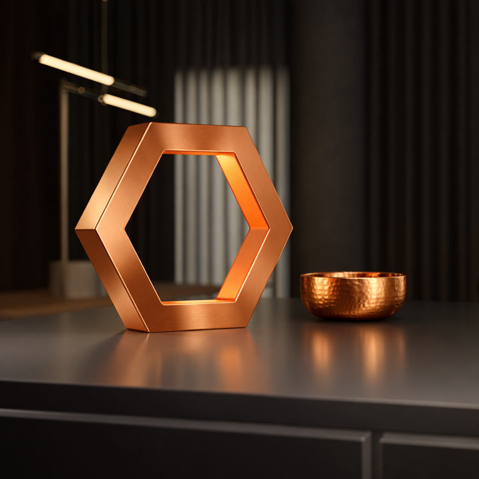 Copper hexagonal table lamp by WOOM with a glowing interior, on a dark surface, beside a hammered copper bowl.