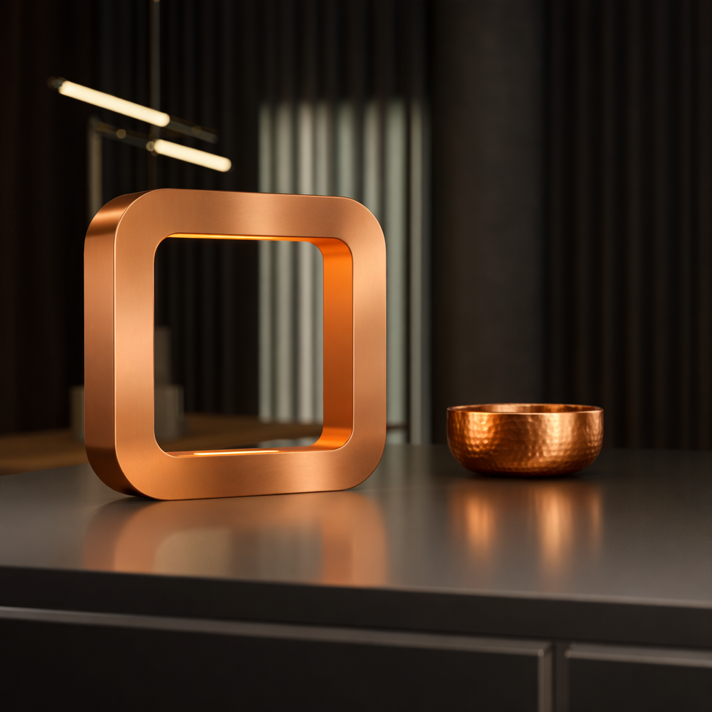 Copper finish square table lamp by WOOM, glowing on a dark counter next to a hammered copper bowl.
