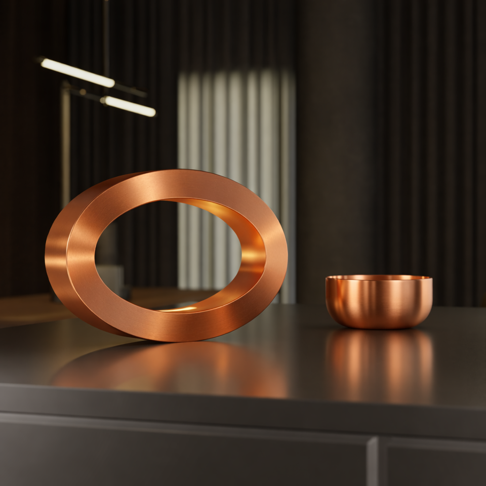 Copper finish handcrafted oak rotatable wooden oval lamp by WOOM, featuring a brushed texture on a reflective dark surface, with a copper bowl.