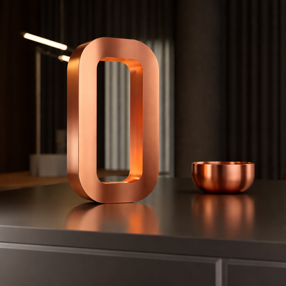 Copper-finish O-shaped table lamp by WOOM, with illuminated interior on a reflective dark surface, beside a small copper bowl.