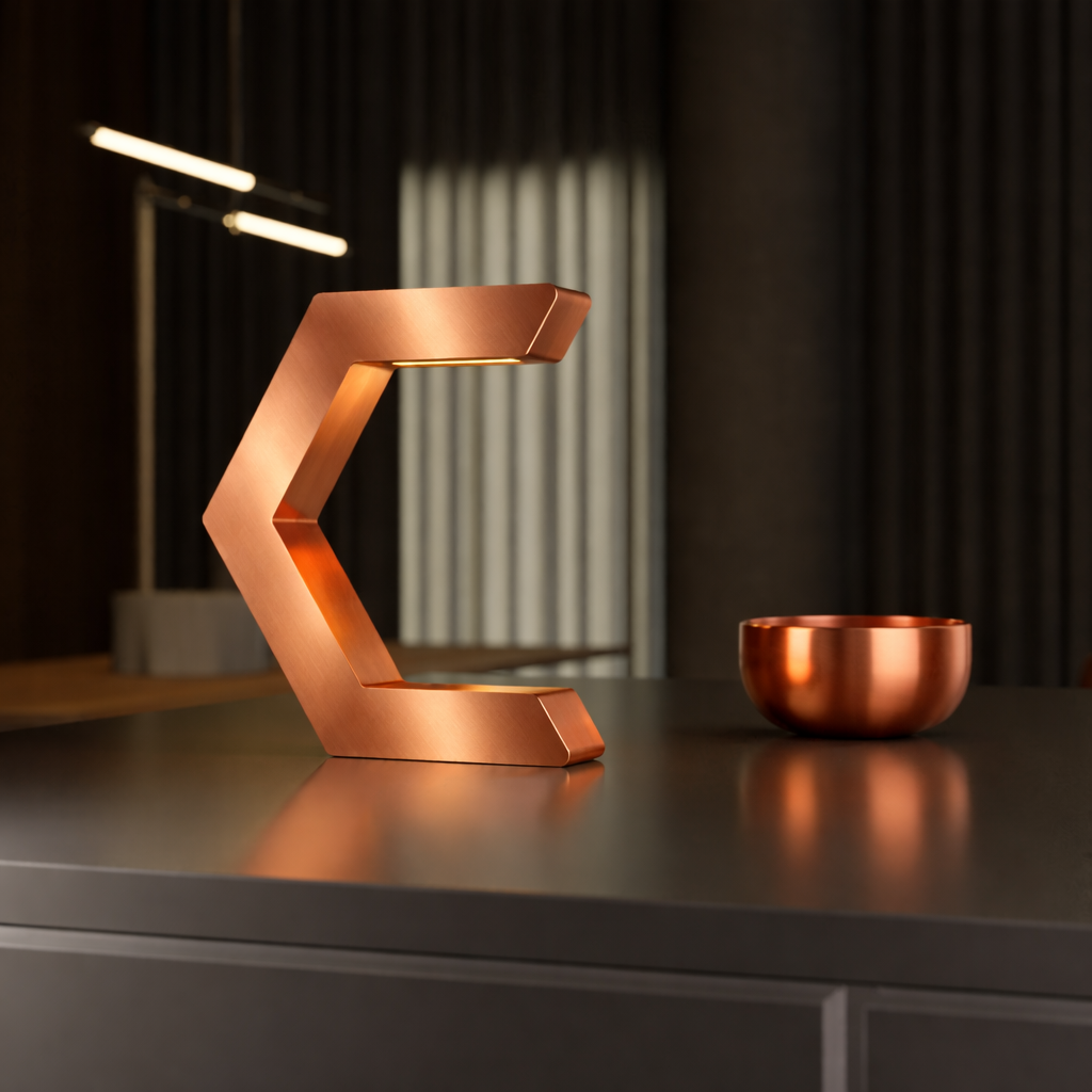 Copper finish C-shaped design lamp by WOOM on a dark counter next to a matching copper bowl.