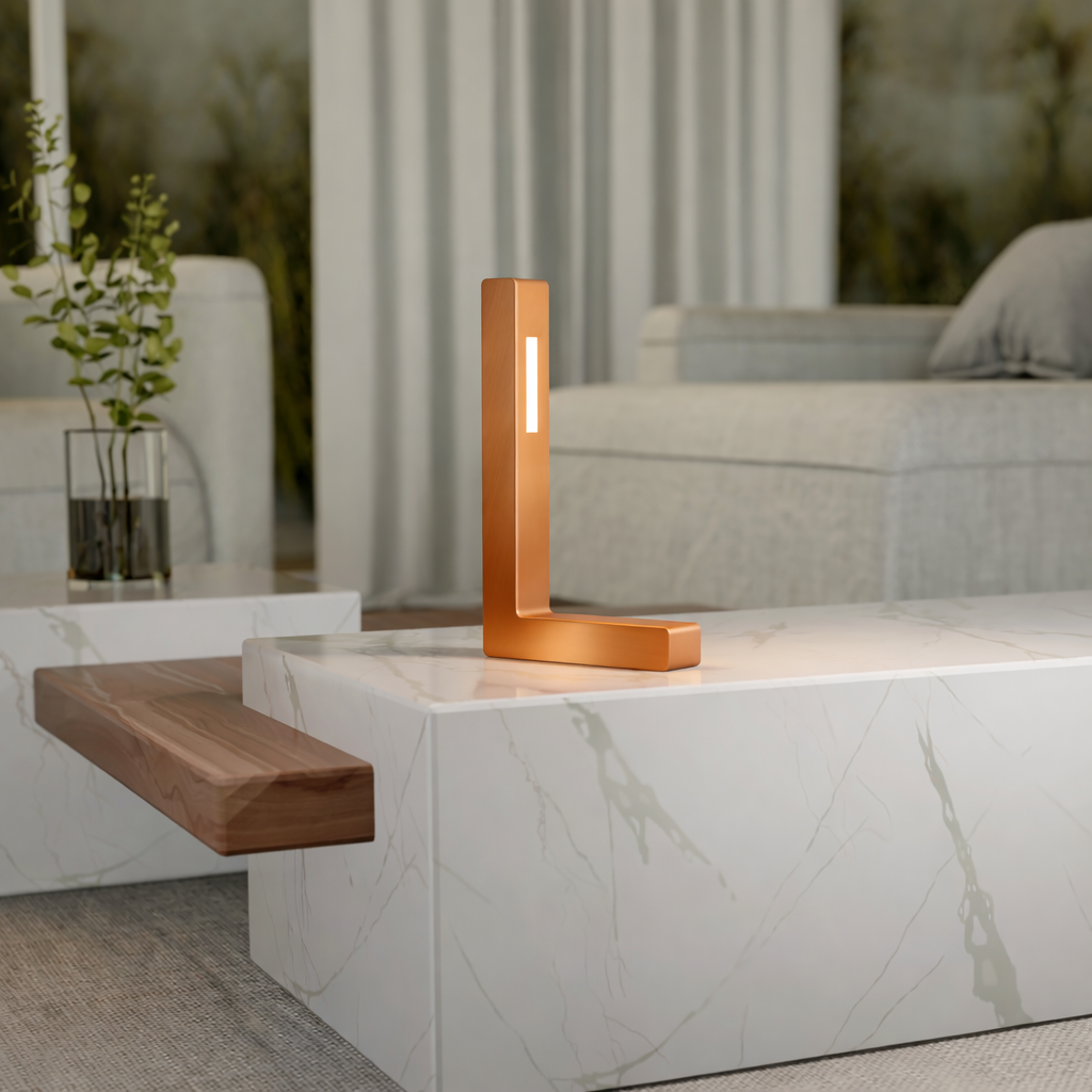 Copper-finished L-shaped contemporary oak table lamp by WOOM, featuring a vertical light strip on a marble coffee table.