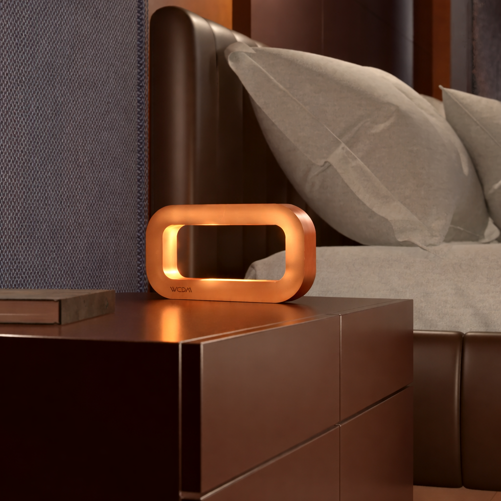 Copper finish rectangular lamp by WOOM emitting a warm glow, on a dark nightstand.