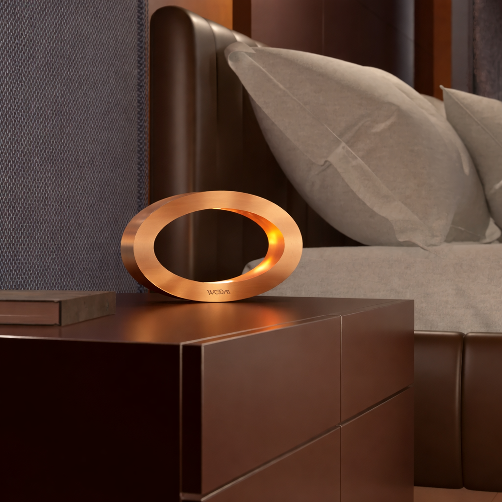 Rotatable copper finish wooden oval lamp by WOOM, glowing warmly on a dark nightstand in a modern bedroom.