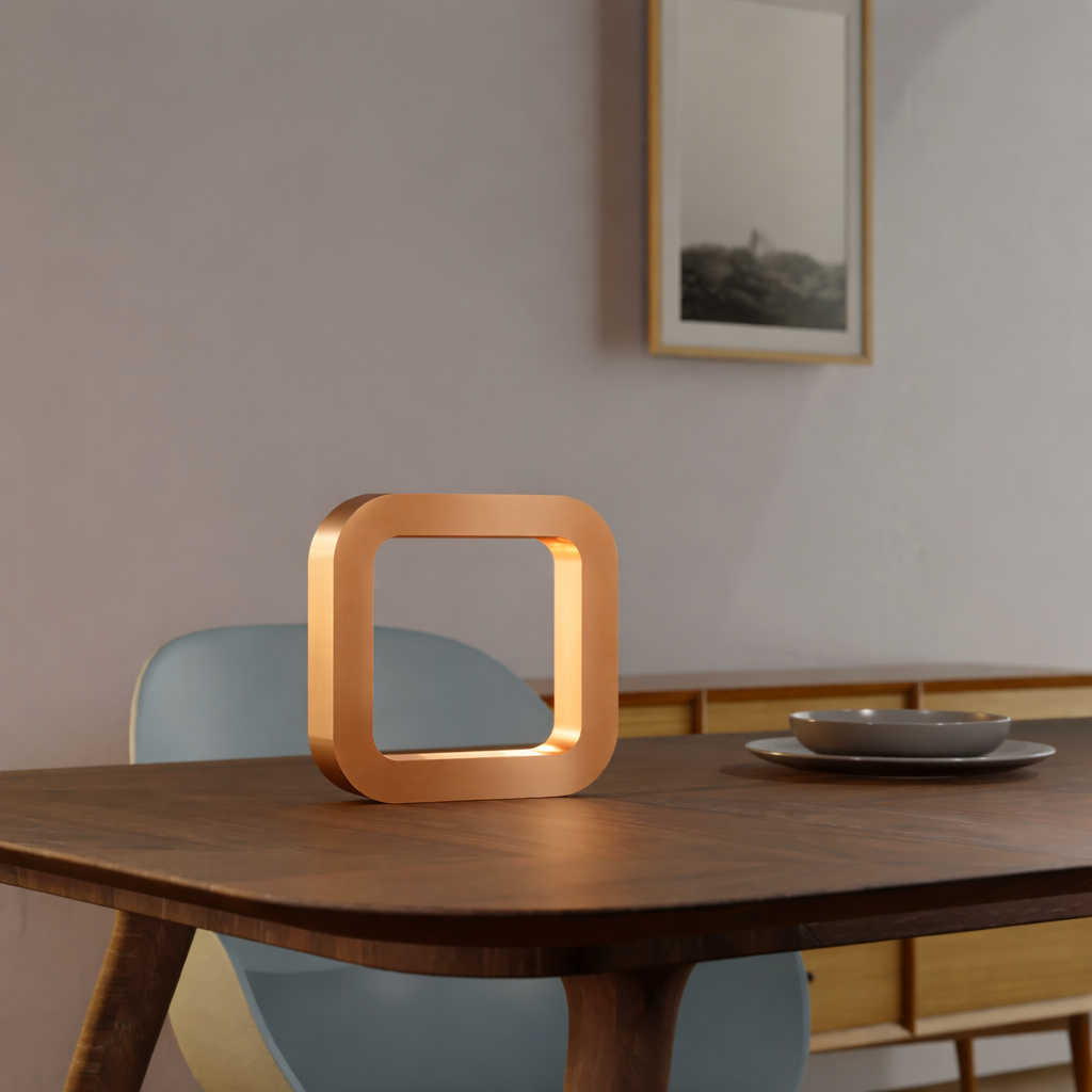 Copper finish square wooden lamp by WOOM on a dark wooden dining table with a light blue chair and a grey dish.