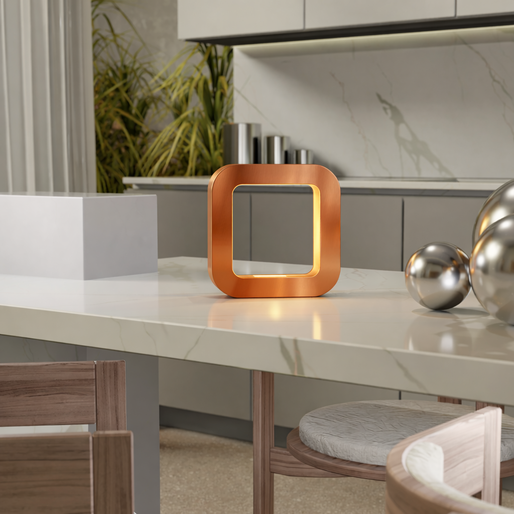 Copper finish oak rotatable square table lamp by WOOM, glowing softly on a marble countertop with chrome spheres.