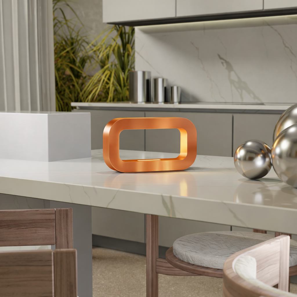 Copper-colored metallic rounded rectangular table lamp by WOOM, illuminating a modern white kitchen counter.