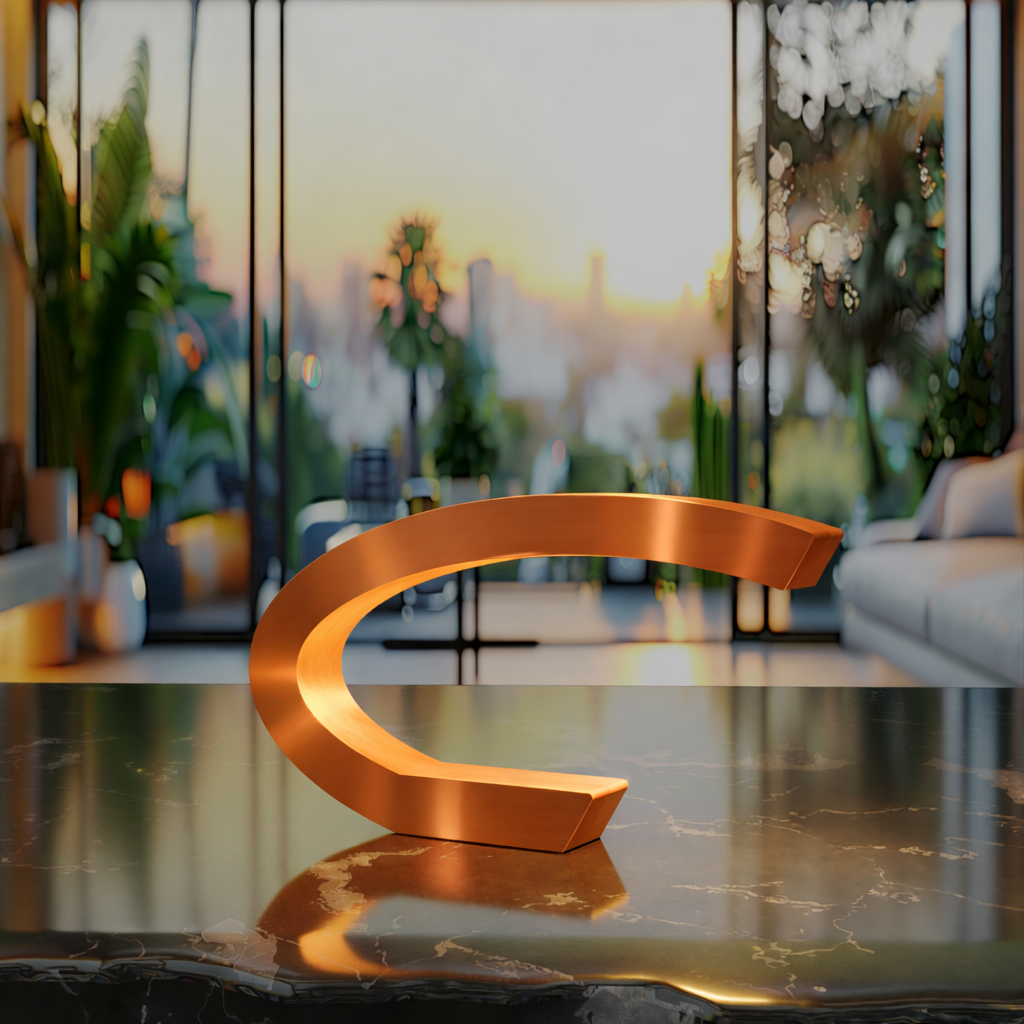 C-shaped curved lamp with a copper finish by WOOM, resting on a reflective dark marble table.