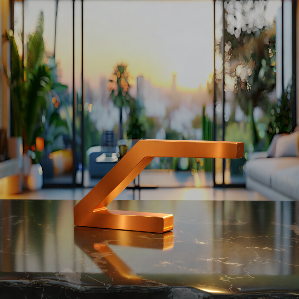 Copper finish Z-shaped lamp by WOOM on a reflective black marble table.