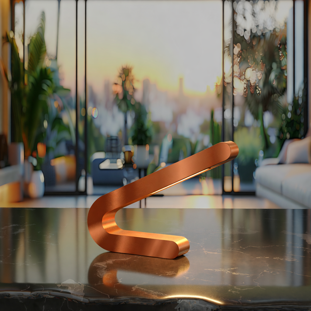 Angled wooden lamp with a copper finish by WOOM, U-shaped, illuminating a dark marble table against a blurred city sunset background.