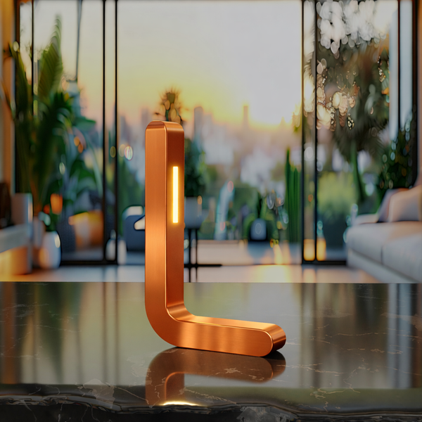 Copper finish wooden L-shaped LED lamp by WOOM with a glowing yellow LED strip, on a reflective black marble table, against a blurry sunset city view.