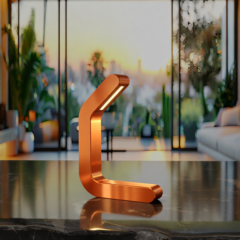 Curved copper finish LED lamp by WOOM, illuminated on a dark marble countertop in a modern living room with a sunset city view.