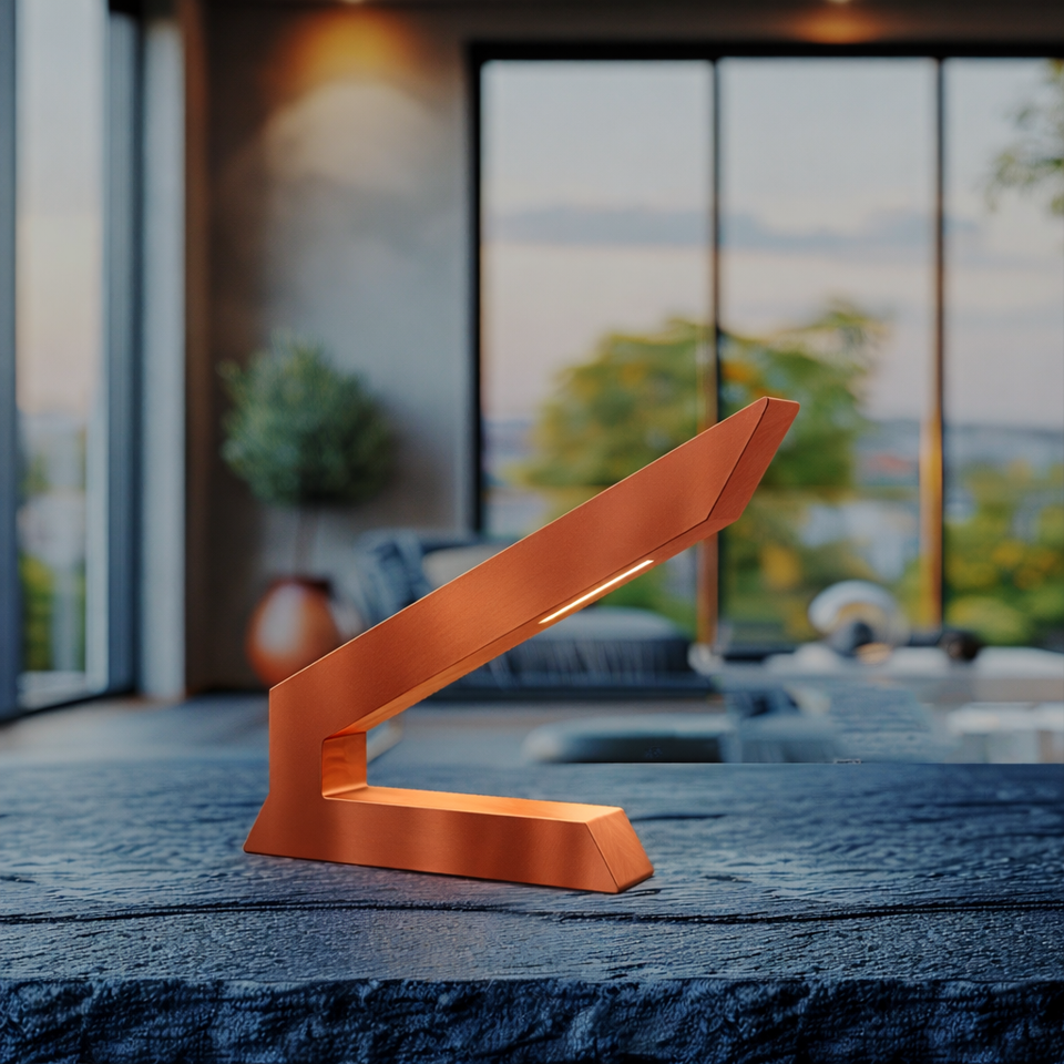 Angular copper finish oak lamp by WOOM, with a glowing light strip, sitting on a dark textured table.