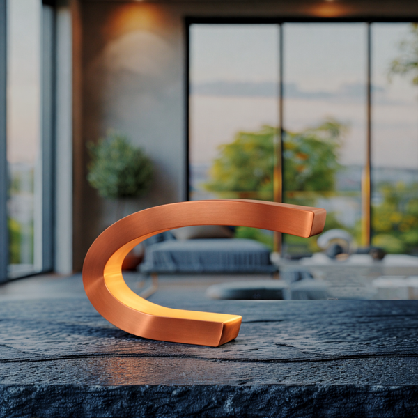 Copper finish C-shaped curved oak wood lamp by WOOM, resting on a dark textured table in a modern living room.