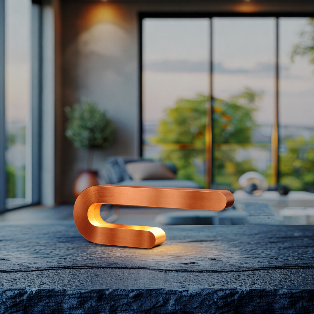 Copper finish U-shape curved table lamp by WOOM, emitting warm light on a dark wooden table in a living room.