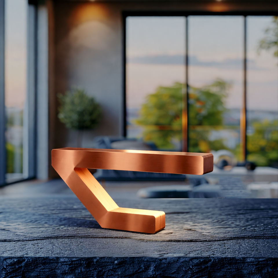 Copper Finish Handcrafted Oak Geometric Wooden Lamp