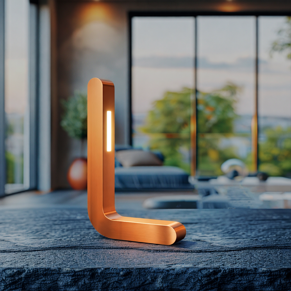 Copper finish L-shaped wooden LED lamp by WOOM with an integrated vertical LED light, on a dark textured table in a modern living room.