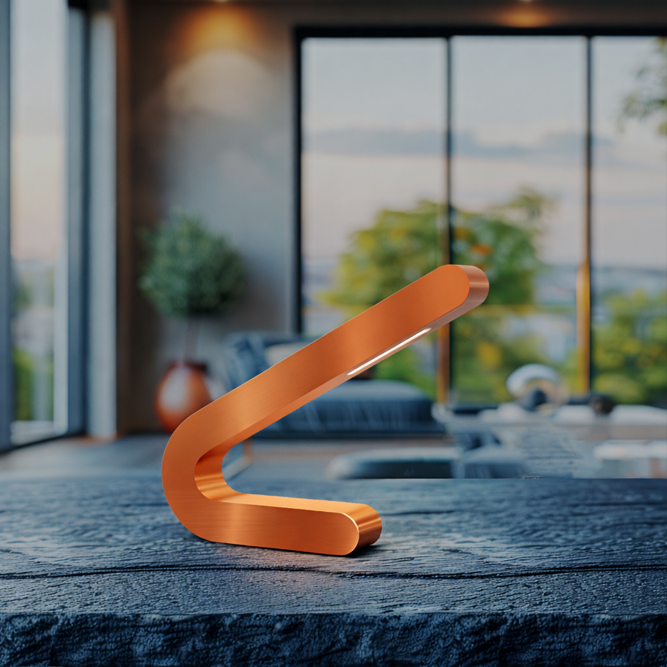 Copper finish angled lamp with a dark oak base by WOOM, featuring a linear glowing light, in a modern living room.