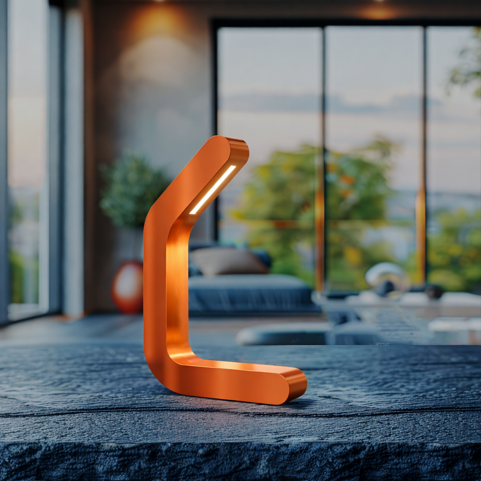 Curved wooden LED lamp with copper finish by WOOM, placed on a dark textured table in a modern room.