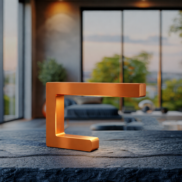 Copper finish C-shaped wooden table lamp by WOOM with integrated light, in a modern living room setting.