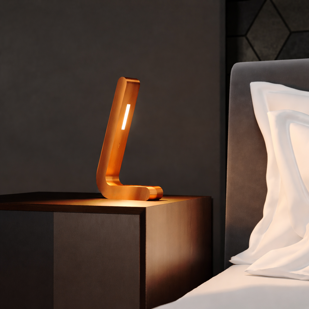 Copper finish oak L-shaped wooden lamp by WOOM, glowing with warm light on a bedside table next to a bed.